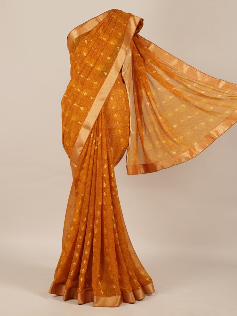 

Pothys Mustard & Gold-Toned Poly Chiffon Woven Design Saree