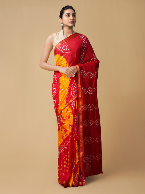 

Unnati Silks Yellow Pure Silk Dyed Bandhani Saree