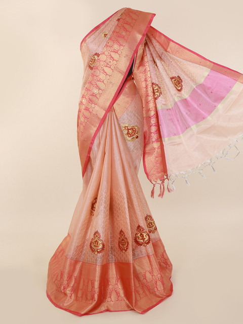 

Pothys Peach-Coloured Embroidered Tissue Saree