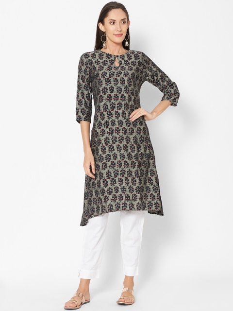 

Fusion Beats Women Grey Printed Straight Kurta