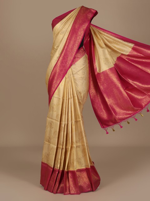 

Pothys Cream-Coloured & Pink Jute Silk Woven Design Saree