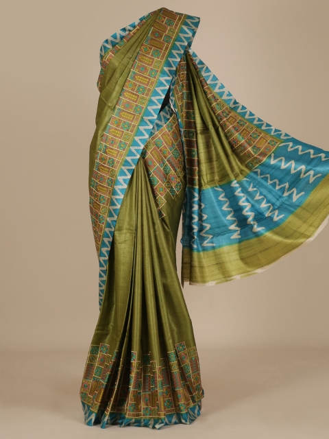 

Pothys Olive Green Jute Silk Solid Tussar Saree