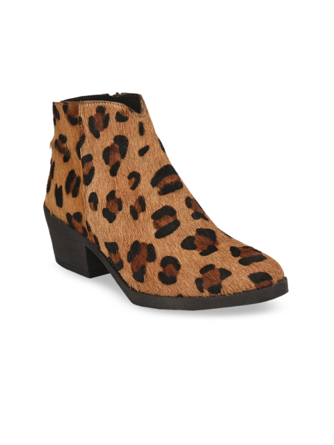 

CARLO ROMANO Women Tan Brown & Black Animal Printed Mid-Top Leather Heeled Boots
