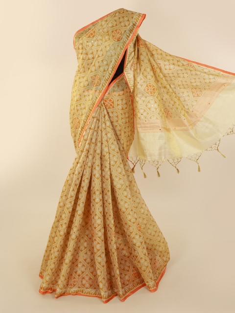 Pothys Gold-Toned Printed Tissue Saree with Jhalar Pallu