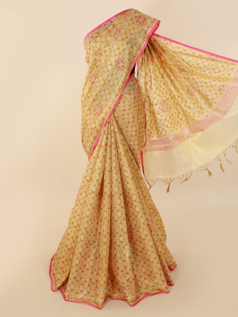 

Pothys Gold-Toned Printed Tissue Saree with Jhalar Pallu