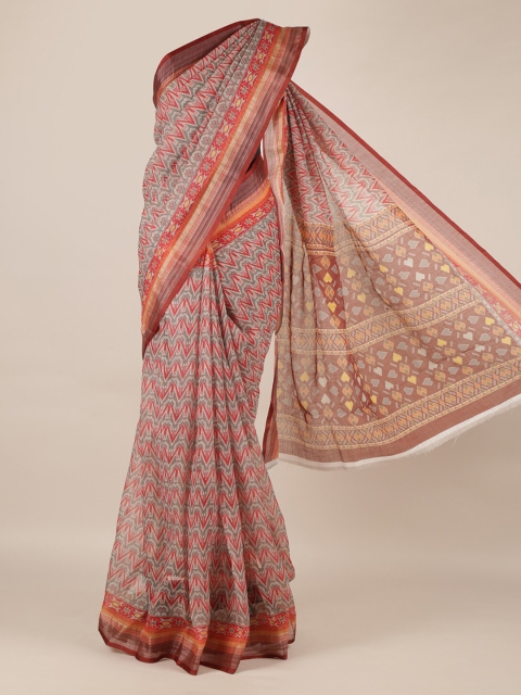 

Pothys Grey & Orange Linen Blend Printed Saree
