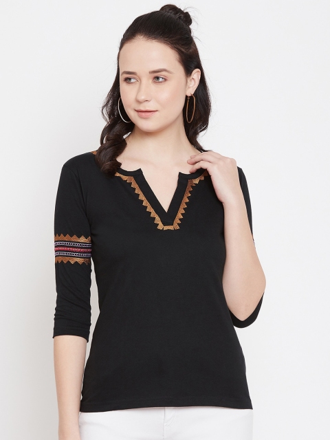 

Hypernation Women Black Solid V-Neck T-shirt
