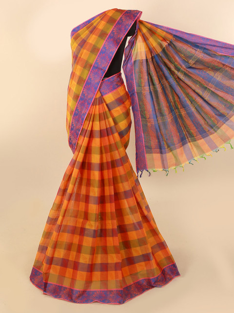 

Pothys Mustard & Green Pure Cotton Checked Saree