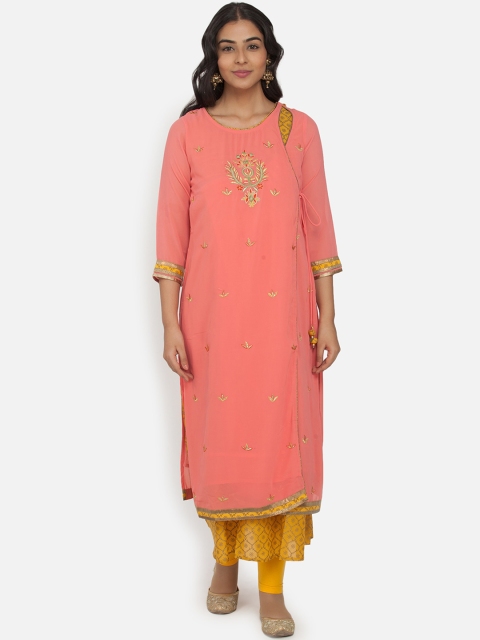 

Paislei Women Peach-Coloured Embroidered Straight Kurta