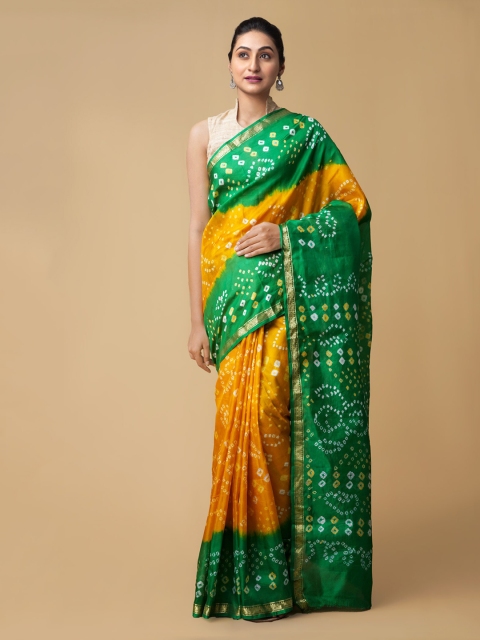 

Unnati Silks Yellow & Green Pure Silk Dyed Handloom Bandhani Saree