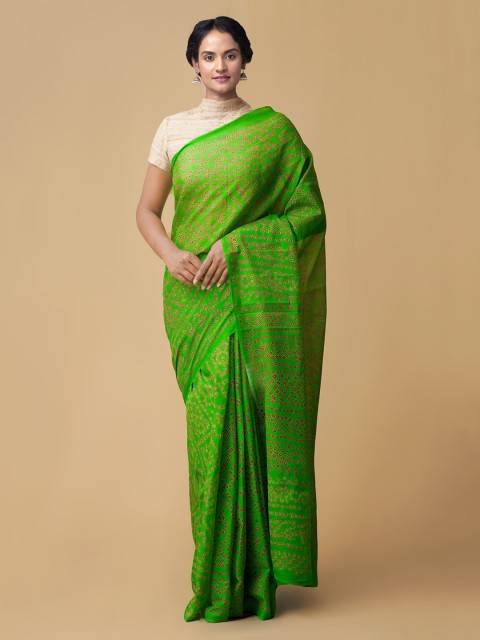 

Unnati Silks Green Pure Chiffon Dyed Bandhani Saree