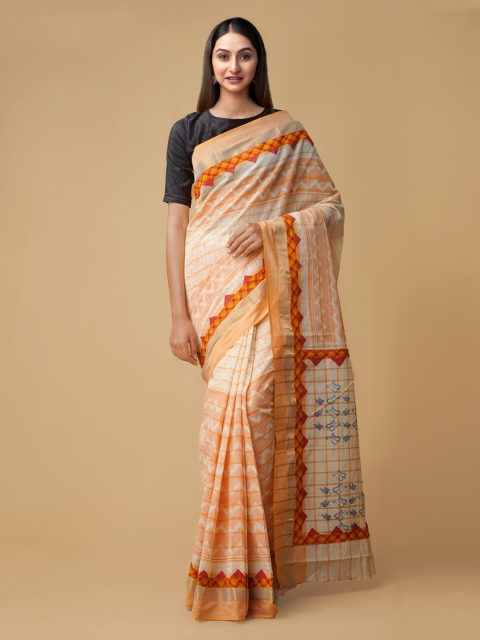 

Unnati Silks Cream-Coloured & Orange Pure Cotton Printed Mangalagiri Saree