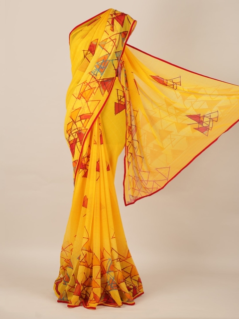 

Pothys Yellow Printed Poly Chiffon Saree with Piping Border Work