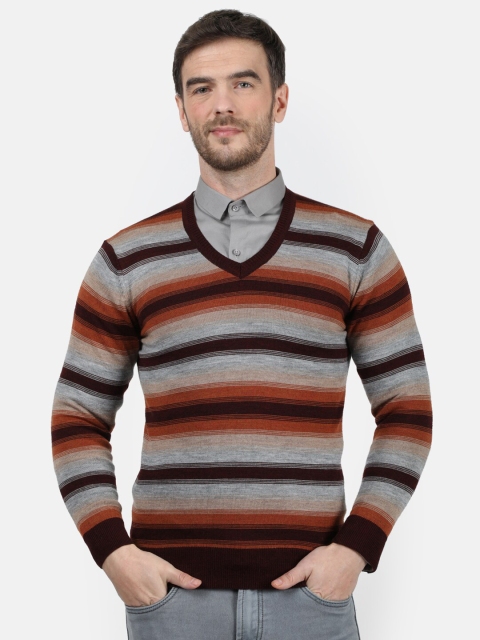 

Monte Carlo Men Brown & Rust-Coloured Striped Pullover Sweater