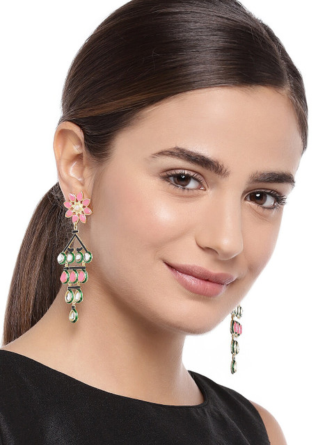 

Golden Peacock Pink & Green Floral Drop Earrings