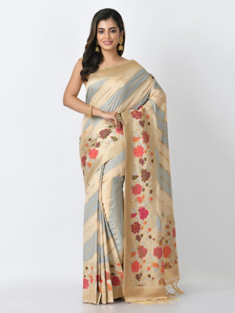 

RANGOLI Beige & Blue Art Silk Striped Banarasi Saree