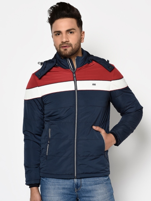 

METTLE Men Navy Blue Striped Puffer Jacket