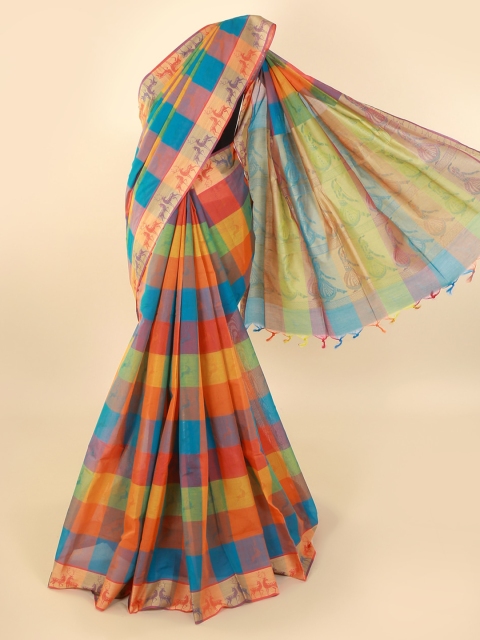 

Pothys Multicoloured Checked Pure Cotton Saree with Jhalar Pallu, Multi