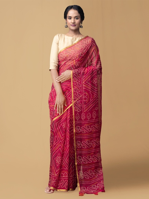 

Unnati Silks Red & Green Pure Chiffon Dyed Bandhani Saree