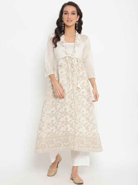 

Abhishti Women White Printed Kurta with Trousers & Zari Baswada Jacket