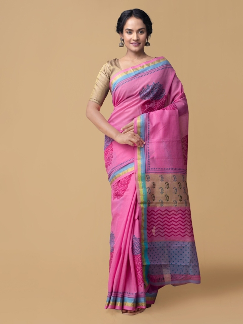 

Unnati Silks Pink Pure Cotton Printed Mangalagiri Handloom Saree