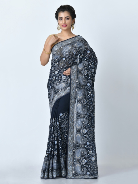 

RANGOLI Navy Blue Woven Design Handloom Pure Georgette Saree