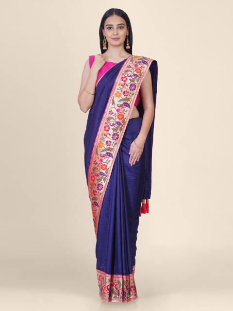 

Hastakala Navy Blue Poly Silk Solid Tussar Handloom Saree