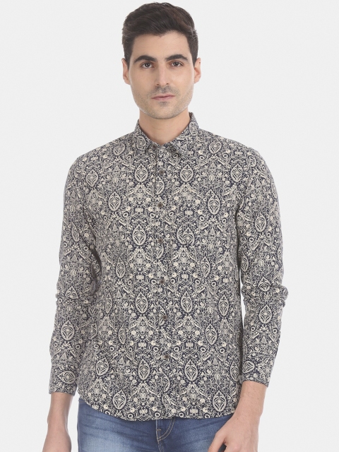 

Flying Machine Men Navy Blue & Beige Regular Fit Printed Cotton Casual Shirt