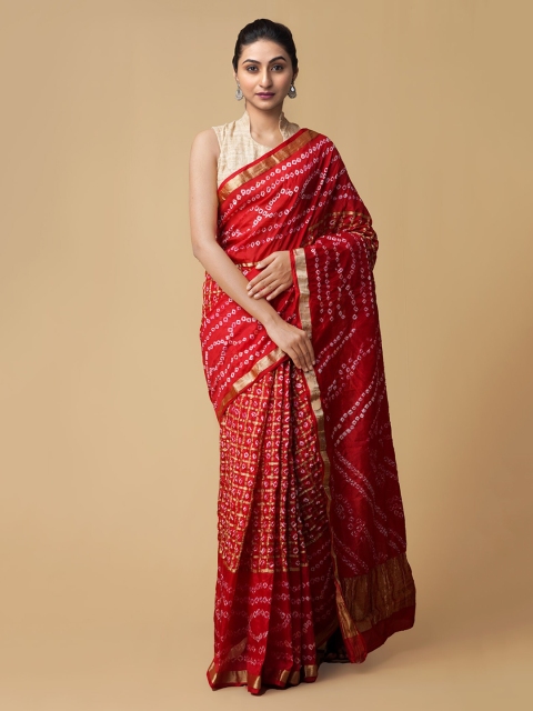

Unnati Silks Red Pure Silk Dyed Bandhani Saree