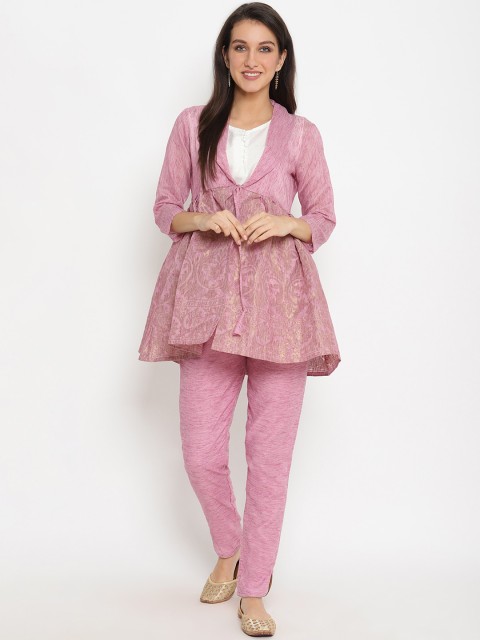 

Abhishti Women Pink Woven Design Kurti with Trousers