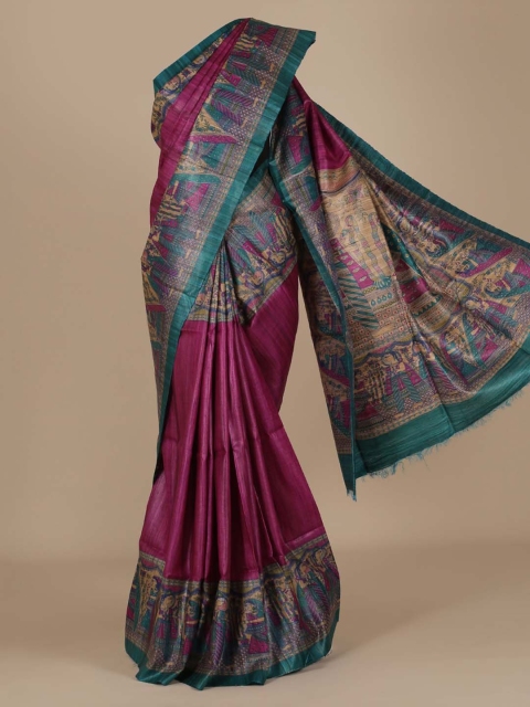 

Pothys Magenta & Blue Jute Silk Solid Saree