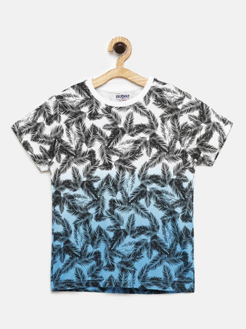 

AUDAZ Boys White Blue Printed Cotton Round Neck Pure Cotton T-shirt