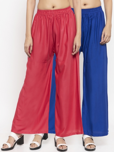 

NEUDIS Women Pack Of 2 Solid Wide Leg Palazzos, Red