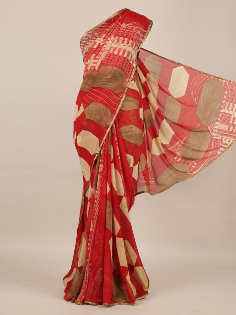 

Pothys Red & Gold-Toned Poly Chiffon Woven Design Saree