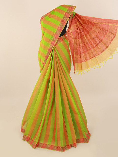 

Pothys Green & Peach-Coloured Pure Cotton Striped Saree