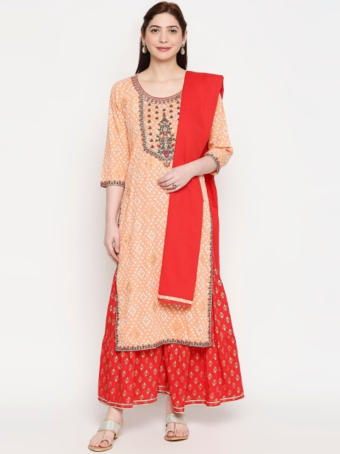 

ZRI Women Peach-Coloured & Red Embroidered Kurta with Palazzos & Dupatta