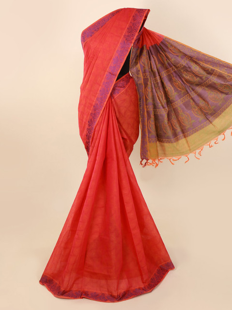 

Pothys Pink & Brown Pure Cotton Solid Saree