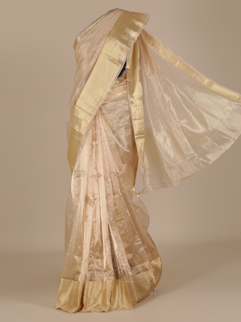 

Pothys Cream-Coloured Solid Organza Saree with Zari Border