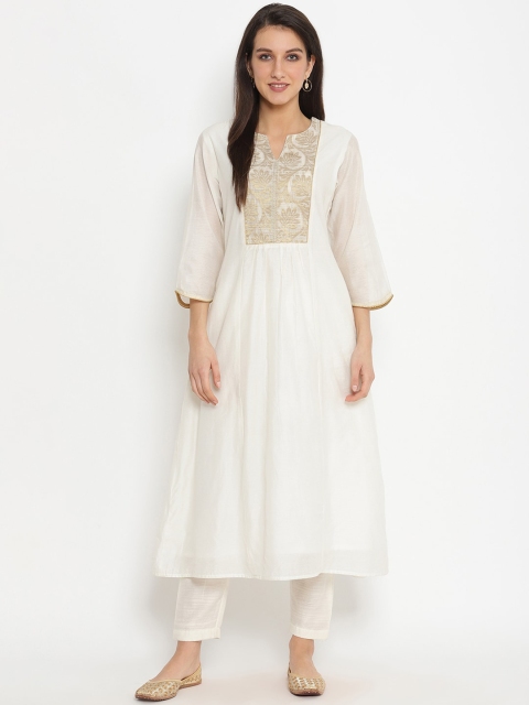 

Abhishti Women White Yoke Design Kurti with Trousers