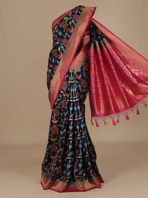 

Pothys Navy Blue & Pink Jute Silk Woven Design Saree