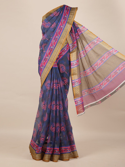

Pothys Blue & Pink Linen Blend Printed Saree