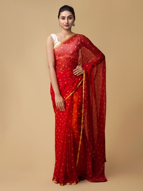 

Unnati Silks Red Pure Chiffon Dyed Bandhani Saree