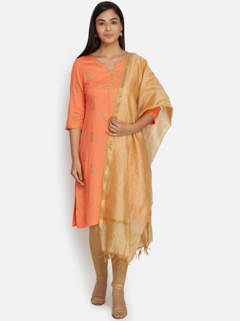 

Paislei Women Peach-Coloured & Gold-Toned Printed Straight Kurta
