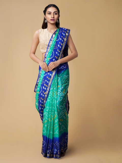 

Unnati Silks Blue & Sea Green Pure Silk Dyed Bandhani Saree