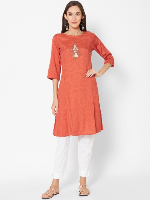 

Fusion Beats Women Orange Embroidered A-Line Kurta
