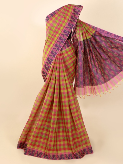 Pothys Multicoloured Checked Pure Cotton Saree with Jhalar Pallu, Multi