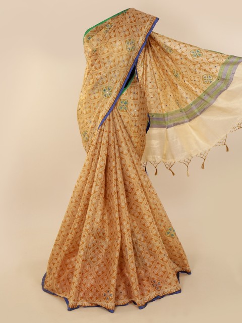 

Pothys Gold-Toned Floral Printed Tissue Saree with Jhalar Pallu