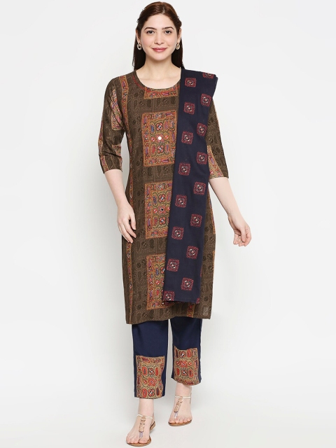 

ZRI Women Brown & Navy Blue Printed Kurta with Trousers & Dupatta