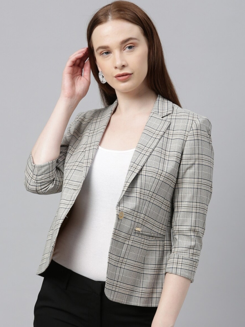 

Park Avenue Women Grey & Black Checked Single-Breasted Formal Blazer