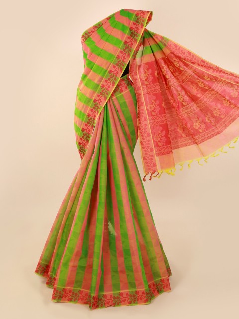

Pothys Green & Red Pure Cotton Striped Saree